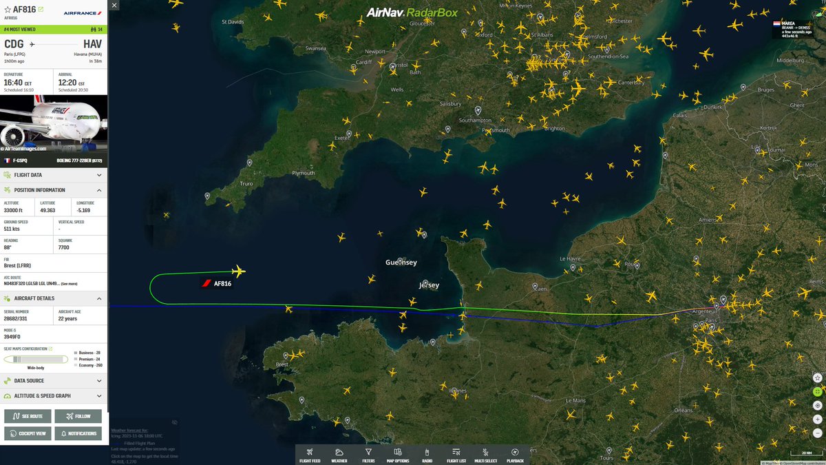 AirNavRadar's tweet photo. Air France flight #AF816 from Paris (CDG) to Havana (HAV) is declaring an emergency and returning to Paris: https://t.co/VKwaynSkt8 ✈️ https://t.co/0um1CfOrlT