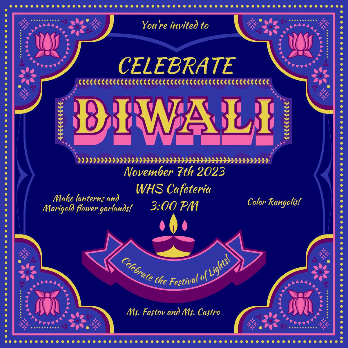 WHS_Multicultural club (@whscultures) on Twitter photo COME CELEBRATE DIWALI WITH US!!! Tomorrow 11/7 at 3:00 in the Cafeteria. We can't wait to see you there!!
<a href="/Wheeling_Cats/">Wheeling High School</a>
<a href="/hubbardbradford/">Dr. Bradford Hubbard</a>
<a href="/Profra_Castro/">Rebecca Castro (she/her/ella)</a>
<a href="/WHSactivities/">Wheeling Wildcats Athletics and Activities</a>
#WHSfestivaloflights COME CELEBRATE DIWALI WITH US!!! Tomorrow 11/7 at 3:00 in the Cafeteria. We can't wait to see you there!!
<a href="/Wheeling_Cats/">Wheeling High School</a>
<a href="/hubbardbradford/">Dr. Bradford Hubbard</a>
<a href="/Profra_Castro/">Rebecca Castro (she/her/ella)</a>
<a href="/WHSactivities/">Wheeling Wildcats Athletics and Activities</a>
#WHSfestivaloflights