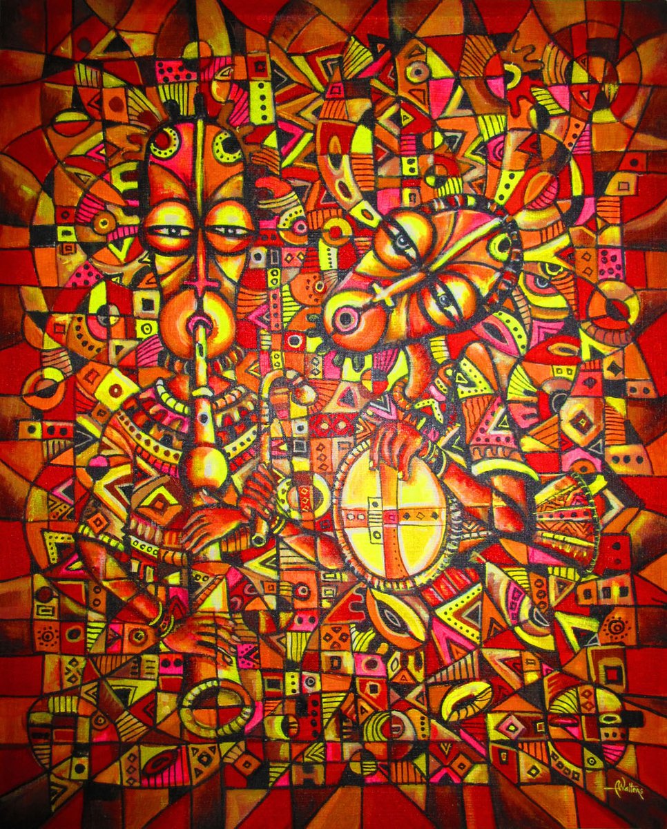 #AfricanArt #musicians #flute #drums #drum #acrylicpainting
Painting of the Day. The Drummer and Flutist VII
 > > artcameroon.com/the-drummer-an…
This radiant painting in bold acrylic colors by Angu Walters captures the joy and energy of African music.
Buy art from artists.