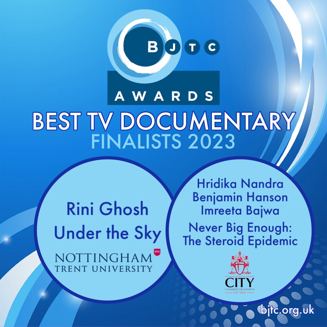 Congratulations to the BJTC Award finalists for BEST TV DOCUMENTARY - Rini Ghosh, Nottingham Trent University and Hridika Nandra, Ben Hanson, Imreeta Bajwa, City University
bjtc.org.uk/awards
<a href="/RiniGhoshCBJ/">Rini Ghosh</a> @CBJNews @hridikanandra @benedhanson <a href="/cityjournalism/">City Journalism</a>
#bjtcawards