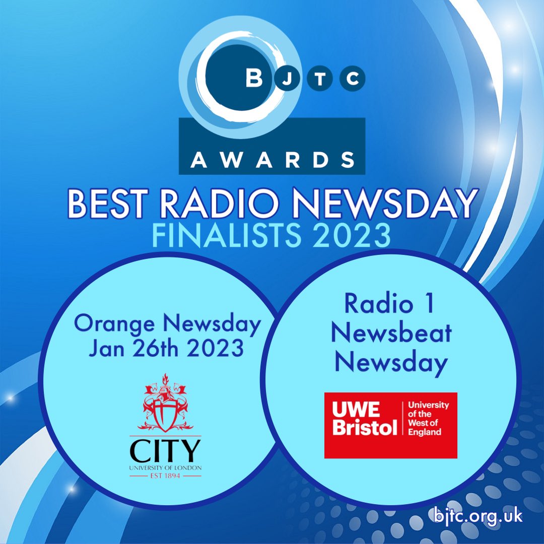 Congratulations to the BJTC Journalism Award finalists BEST RADIO NEWSDAY - Orange Group, City University and Rica Garcia, Oliver Hine, Mary Holditch, University of the West of England
bjtc.org.uk/awards
<a href="/UWEJournalism/">UWE Journalism</a> @Maryholditch
<a href="/cityjournalism/">City Journalism</a>
 #bjtcawards