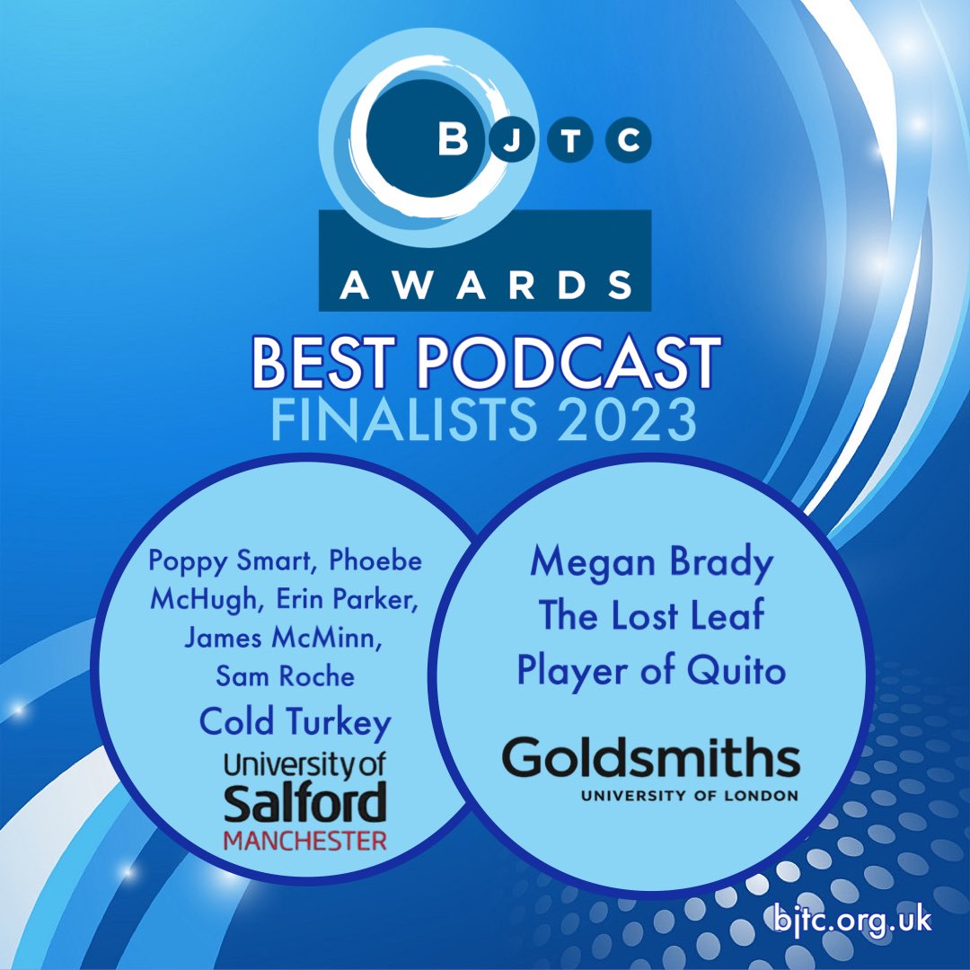 Congratulations to BJTC Journalism Award finalists for BEST PODCAST - Poppy Smart, Phoebe McHugh, Erin Parker, James McMinn and Sam Roche, University of Salford, Megan Brady, Goldsmiths University
bjtc.org.uk/awards
<a href="/Megan___Brady/">Megan Brady</a> <a href="/UoSJournalism/">Salford Journalism</a> <a href="/JamesAMcMinn/">James McMinn</a>
#bjtcawards