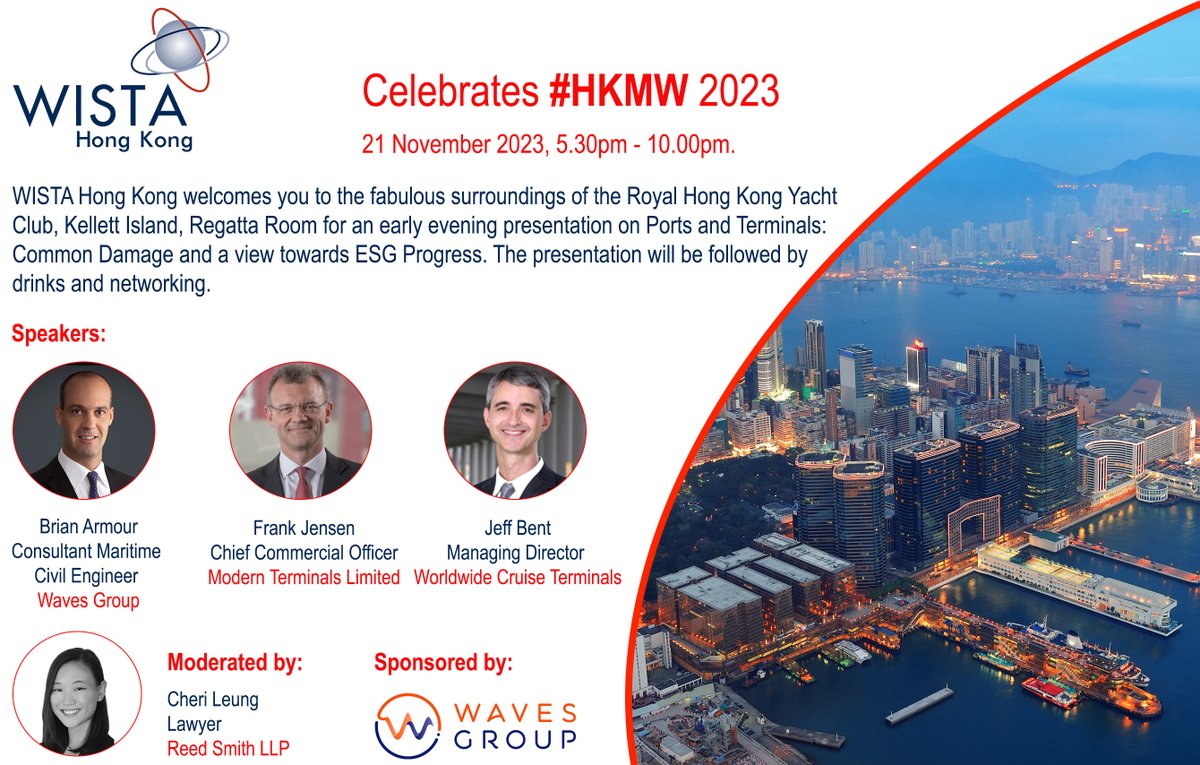 @waves_group are pleased to be sponsors of this year’s WISTA Hong Kong event during Hong Kong Maritime Week. Contact j.walters@waves-group.co.uk to register for this event. #PortsandTerminals #FFODamage #ESG #GreenPorts #HKMW2023 #HKMPB @HKMPB