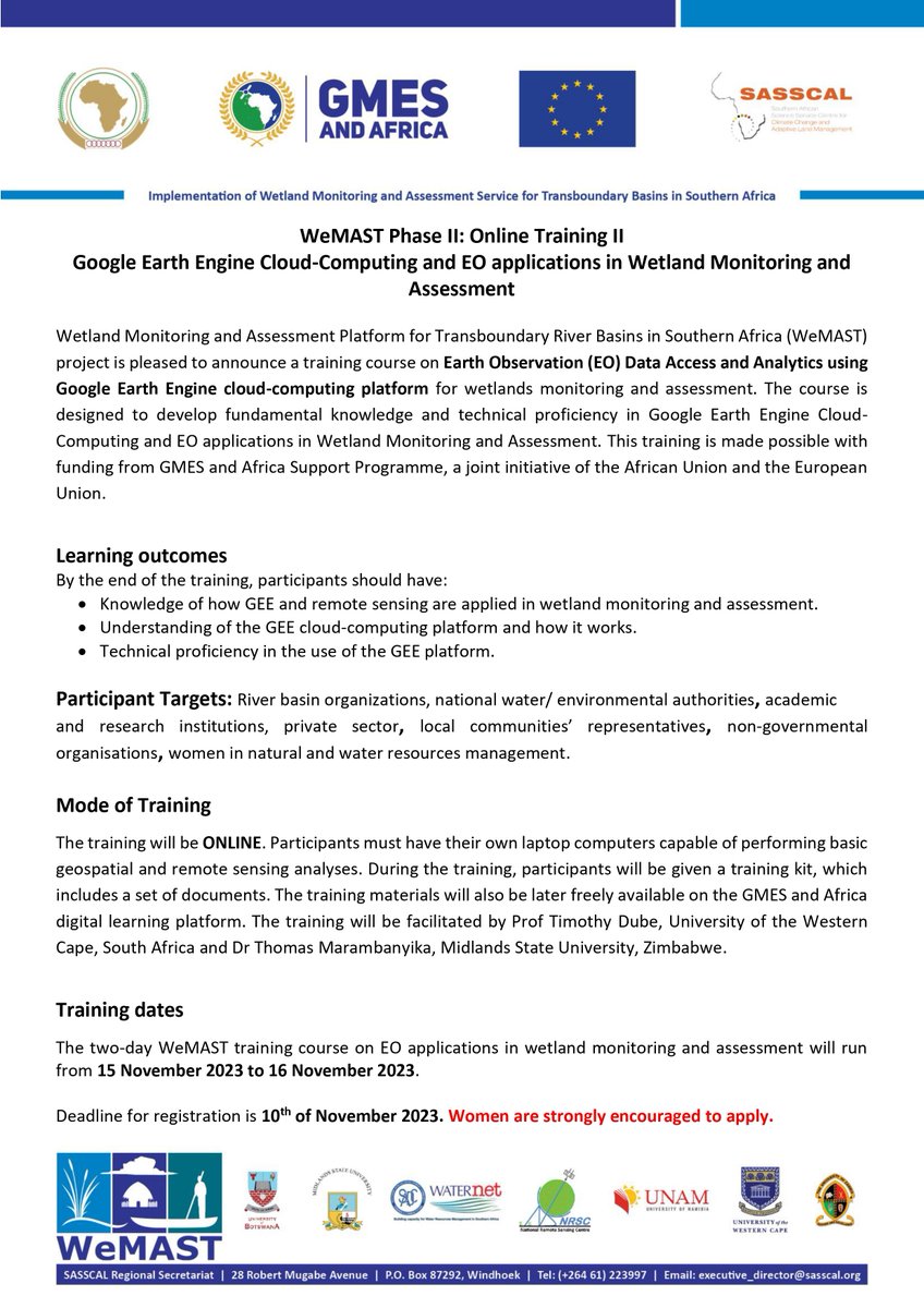 SASSCAL_ORG's tweet photo. REGISTER NOW : #WeMAST Phase II Online Training on Google Earth Engine Cloud-Computing and #EO applications in Wetland Monitoring and Assessment. #gmesandafrica #SASSCAL
Due Date: 10 November 2023
Follow link to register: https://t.co/5ifNOpJLz1 https://t.co/4flCyjyc48