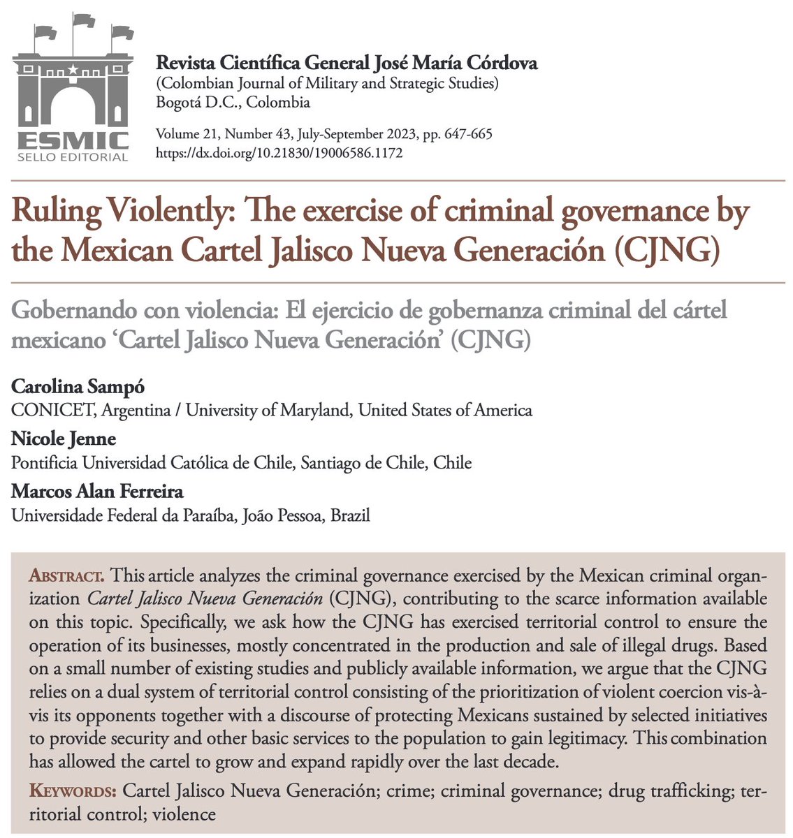 In this contribution to a special issue on #criminalgovernance with <a href="/marcosalan/">Marcos Alan Ferreira</a> &amp; Carolina Sampó we looked at Cartel Jalisco Nueva Generación 🇲🇽to understand when + how the cartel uses coercion+seeks to build legitimacy

Open access (also the entire SI!!): revistacientificaesmic.com/index.php/esmi…