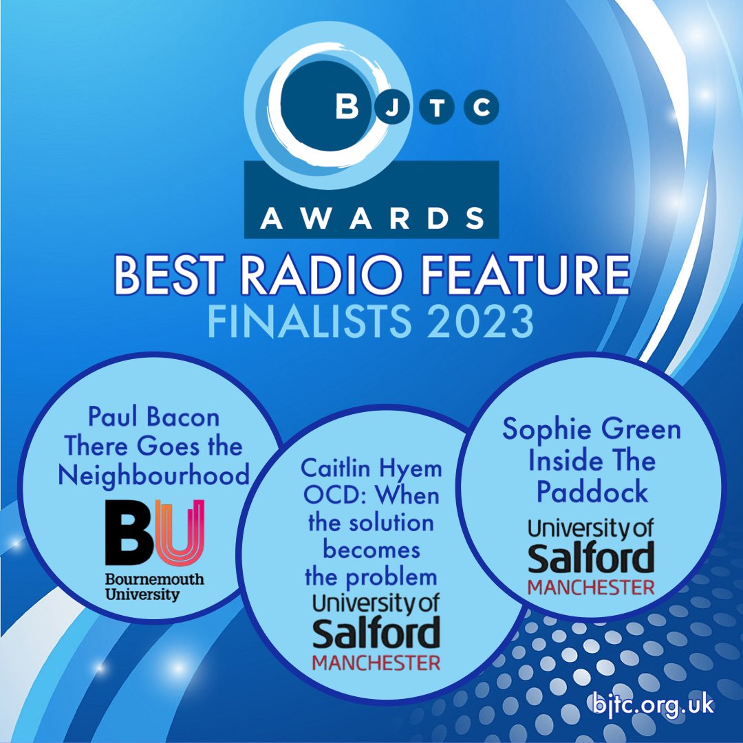 Congratulations BJTC Journalism Award finalists BEST RADIO FEATURE - Sophie Green and Caitlin Hyem, University of Salford, Paul Bacon, Bournemouth University bjtc.org.uk/awards
@SophieGjourno <a href="/UoSJournalism/">Salford Journalism</a>
<a href="/CaitlinHyem/">Caitlin Hyem</a> <a href="/BUBreaker/">The Breaker</a> <a href="/Journalism_BU/">Journalism at Bournemouth Uni</a> <a href="/bournemouthuni/">Bournemouth Uni</a>
#bjtcawards