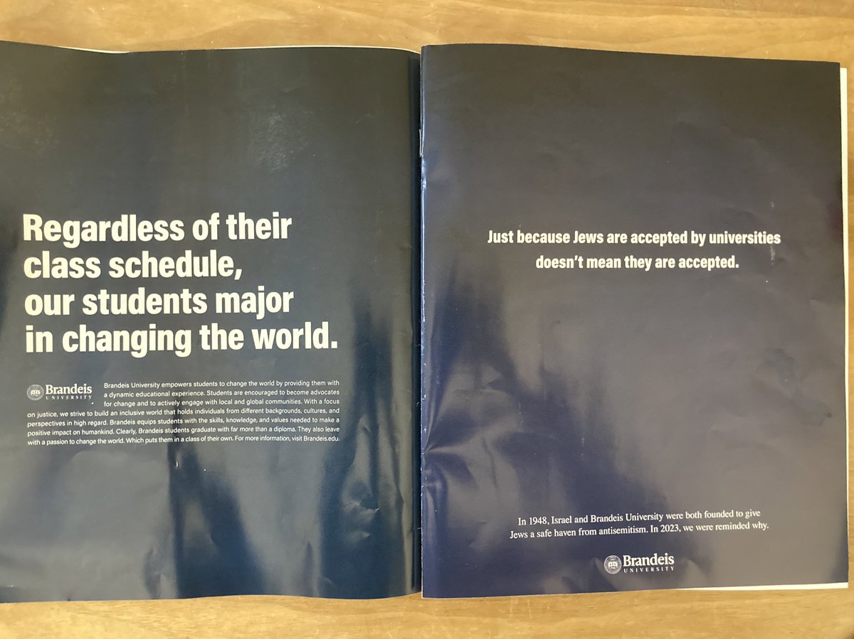 For a while now, I’ve been seeing full-page ads for Brandeis University in The New York Times magazine and thinking it was curious that they did not mention Jews or Judaism. I guess that’s over now.