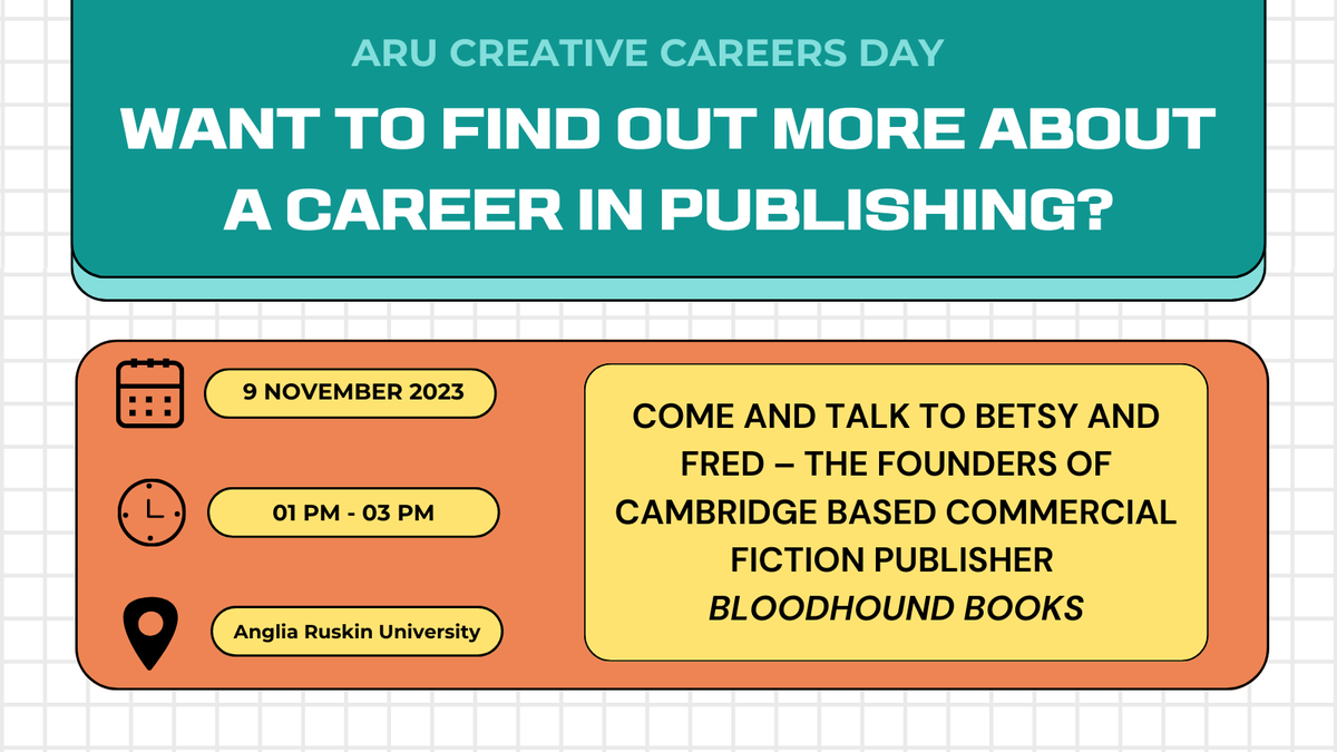 Bloodhoundbook's tweet photo. Want to know more about working in the publishing Industry? 📚

Our co-founders will be attending the Anglia Ruskin University Creative Careers Day from 1 to 3 PM on the 9th of November and are eager to answer any questions you have! 👋

#publishingcareers #angliaruskin https://t.co/7LQe3l1oGr