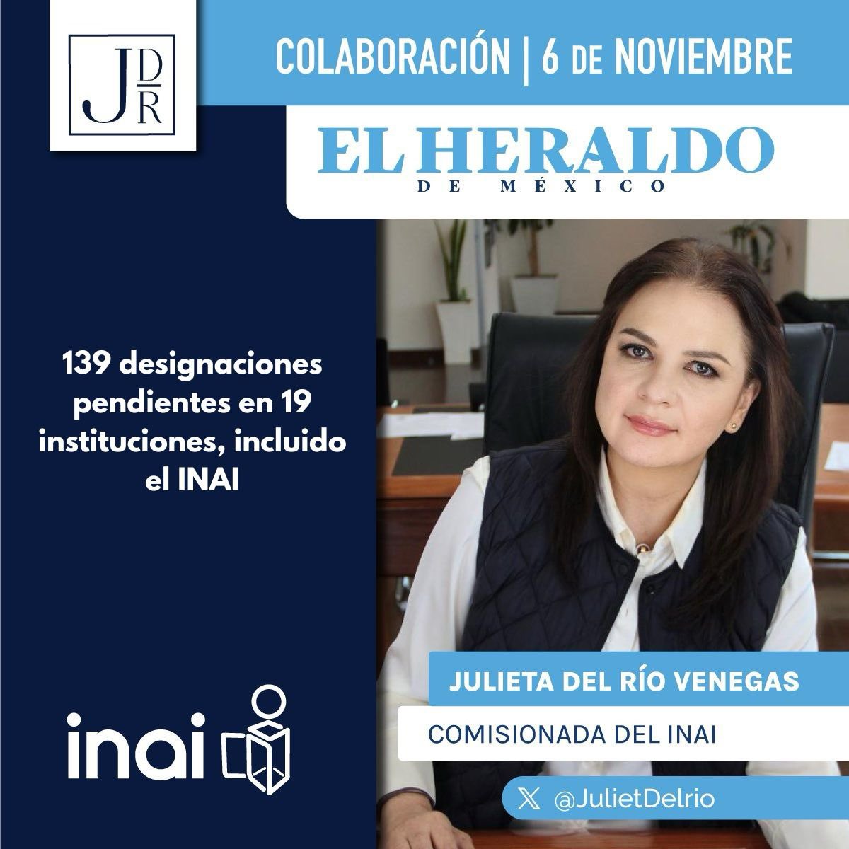 Quedan 40 días del plazo que la <a href="/SCJN/">Suprema Corte</a> otorgó al @Senado para que nombre a los comisionados  del <a href="/INAImexico/">INAI</a> y tengamos un Pleno completo. Gracias a la resolución de la Corte, seguimos trabajando con todas las facultades. 

De ello escribo en <a href="/heraldodemexico/">El Heraldo de México</a>