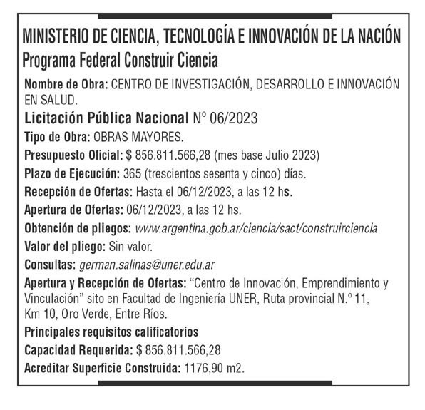 📄 Llamado a licitación pública para la construcción Centro de investigación, desarrollo e innovación en Salud en #EntreRíos

La obra será realizada en el marco del programa federal #ConstruirCiencia con una inversión de casi $857 millones

#FederalizaciónDeLaCiencia 🇦🇷