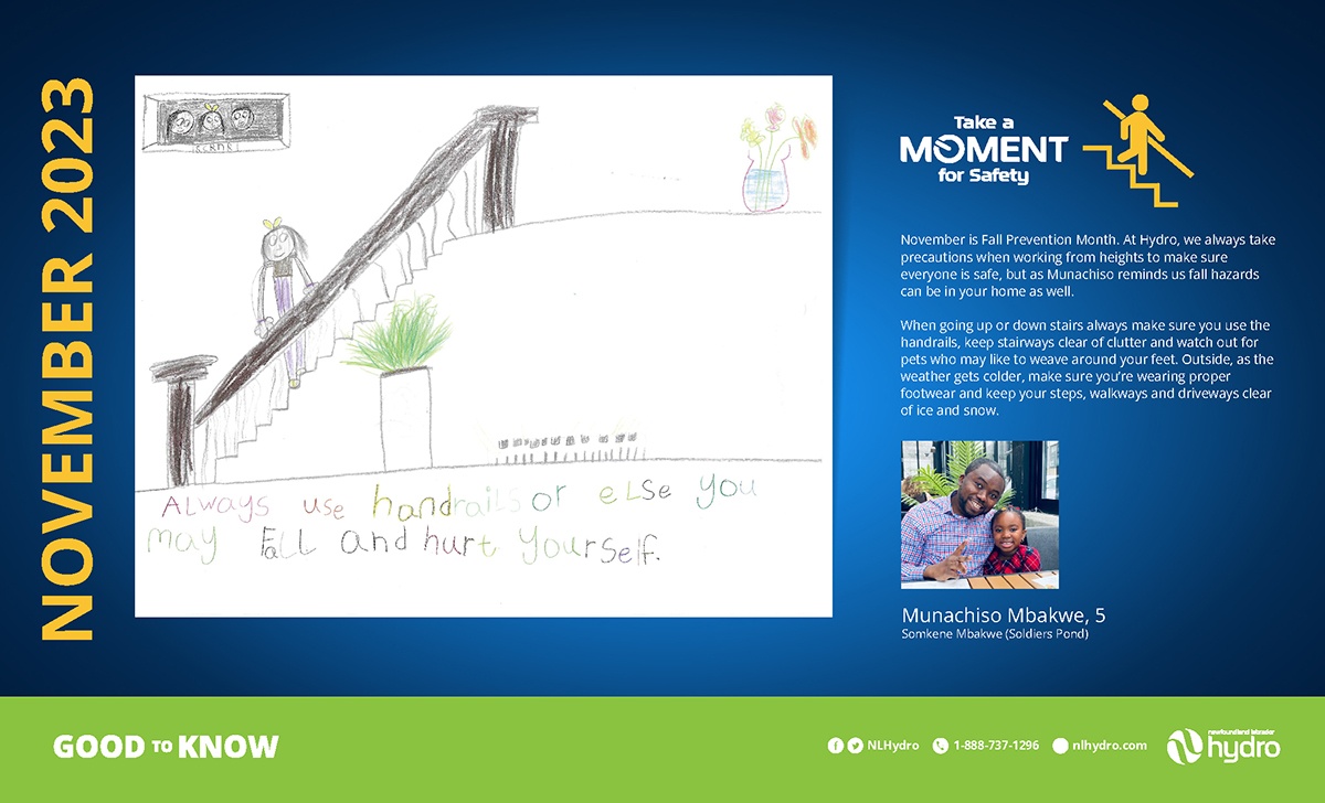 NLHydro's tweet image. Our #SafetyMomentMonday for November is from 5 year old Munachiso who reminds us about the importance of being safe on stairways. It's a perfect reminder for #FallPreventionMonth. 

Thank you Munachiso for reminding us all to Take a Moment for Safety.