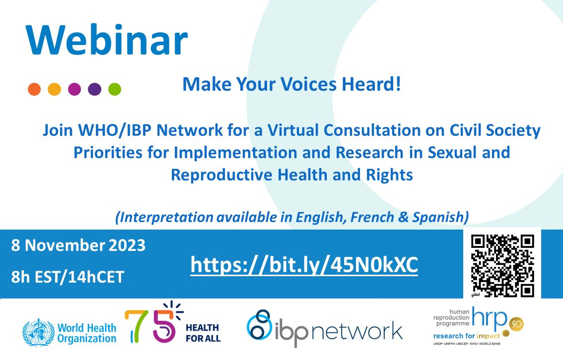 📢MAKE YOUR VOICE HEARD! We want to understand #civilSociety priorities for implementation & #research in Sexual & #ReproductiveHealth & Rights (#SRHR)! Don't miss an opportunity to share your opinion on 8 Nov! In 🇬🇧English 🇪🇸Spanish 🇫🇷French. Register: bit.ly/45N0kXC