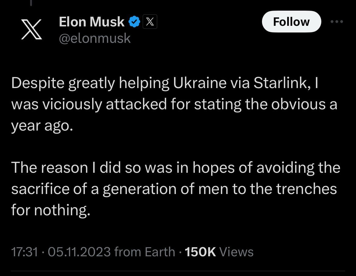 Musk naively still doesn't understand that if Russians HAD taken all of Ukraine there would be systematic torture, rape and massacres as have occurred in EVERY area Russians have managed to occupy.

The guy is a fucking idiot.