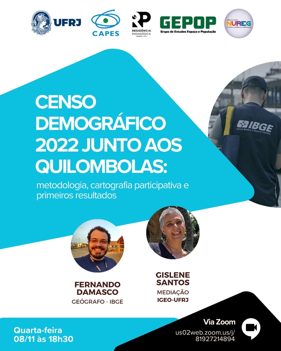 Alguém quer saber mais sobre pesquisas ligadas ao censo junto à população quilombola? Nesta quarta, 8/11, acontece esta conferência via Zoom, com Fernando Damasco (IBGE) e Gislene Santos (IGeo/UFRJ). 
Mais informações: educacao.ufrj.br/2023/11/06/118…