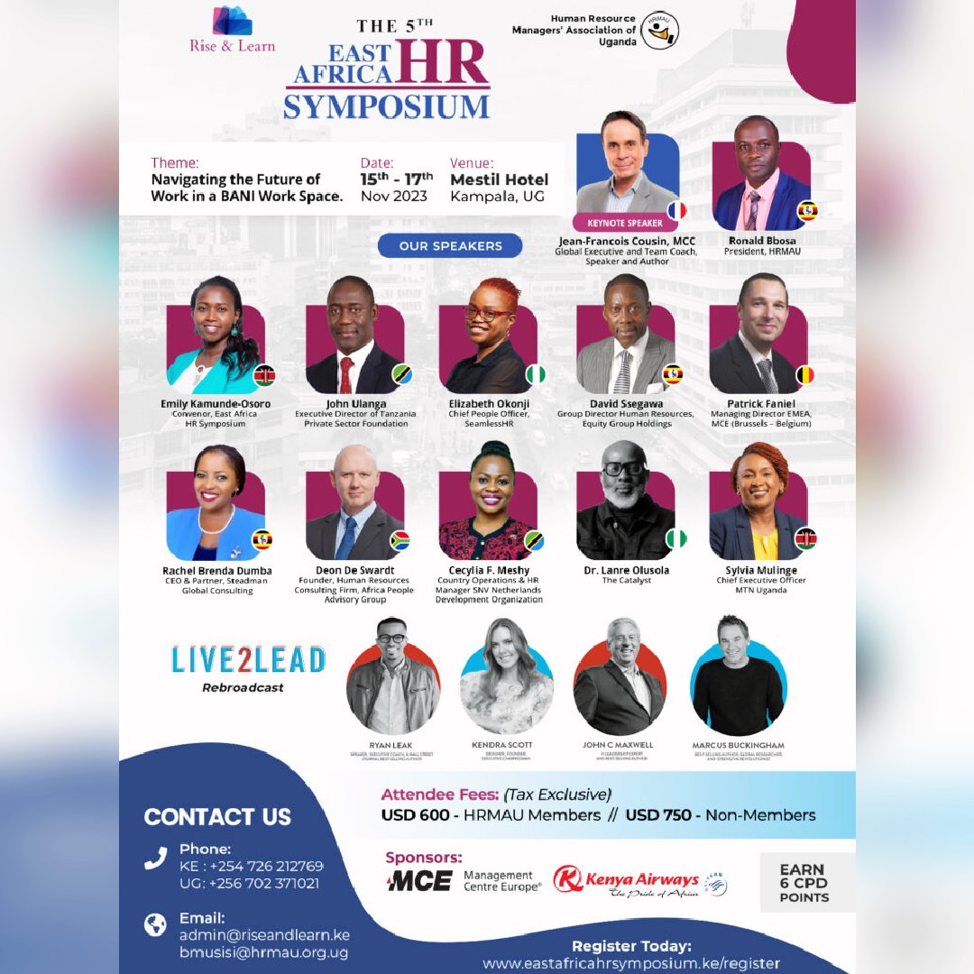 hrmauofficial's tweet image. Few days to go! Ready to shape the future of #HR in East Africa? Join the best minds in the industry at the 5th East Africa HR Symposium 15th to 17th November 2023! Register now: eastafricahrsymposium.ke/register/