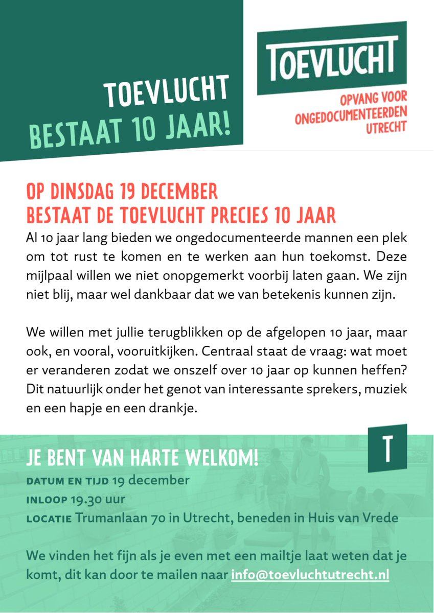 Jubileum Toevlucht!

We nodigen je van harte uit om aanwezig te zijn!
Graag ontvangen we vooraf je aanmelding via het mailadres wat is genoemd in de uitnodiging.