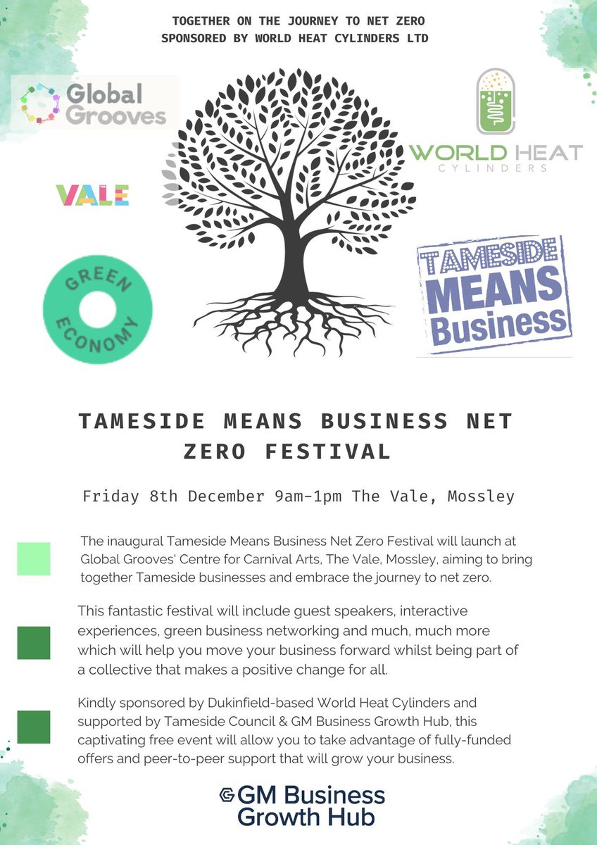 Tameside's #roadtonetzero starts here & all businesses are invited! The 1st Tameside Means Business Net Zero Festival sponsored by Dukinfield based @WHCylinders & hosted by @GlobalGrooves @TheValeMossley - book here: TMBNetZeroFestival.eventbrite.co.uk #BetterTogether #CarbonZero #tmb