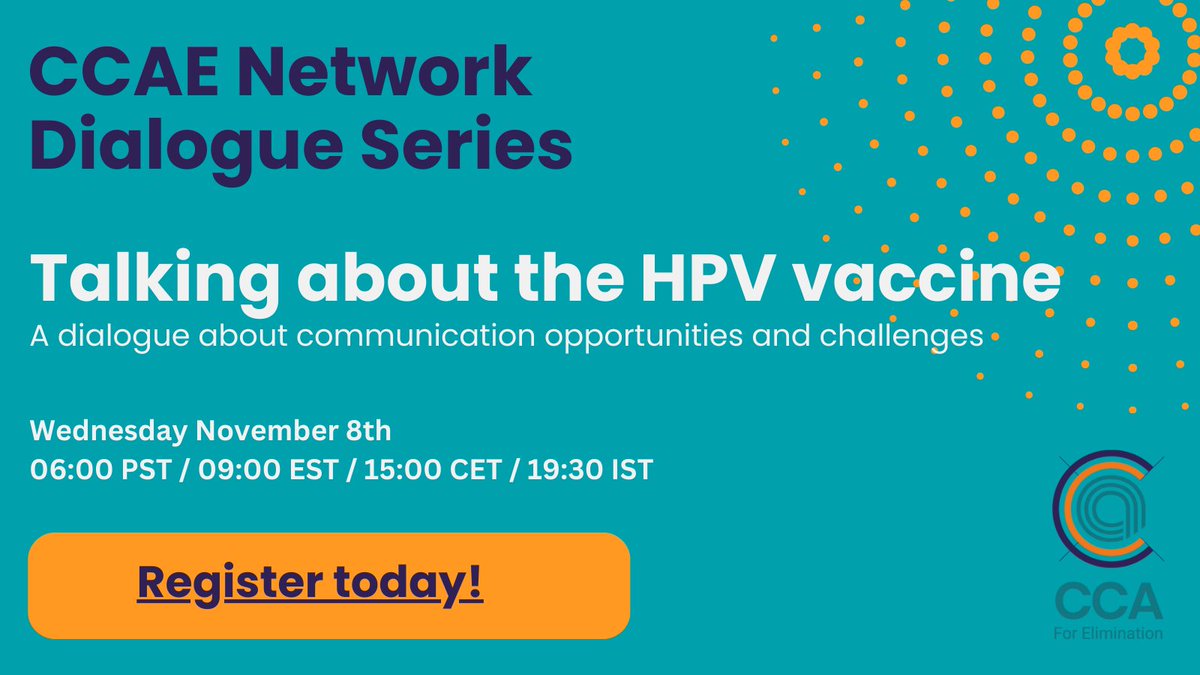 Cervical Cancer Action for Elimination Network (@ccaenetwork) on Twitter photo This Wednesday at 6am PST/3pm CET! 
Join us for CCAE's latest dialogue: Talking about the HPV vaccine.
You'll have the chance to speak to people from around the world on the successes and challenges of communicating about HPV vaccination. 
Sign up here: bit.ly/CCAEHPVCommuni… This Wednesday at 6am PST/3pm CET! 
Join us for CCAE's latest dialogue: Talking about the HPV vaccine.
You'll have the chance to speak to people from around the world on the successes and challenges of communicating about HPV vaccination. 
Sign up here: bit.ly/CCAEHPVCommuni…