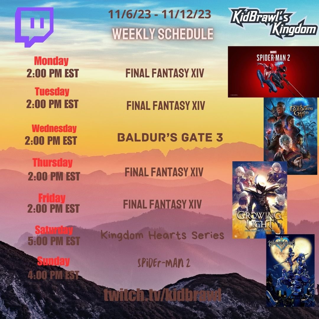 KidBrawl's tweet photo. This week in streaming #twitch #stream #streamer #weekly #schedule #finalfantasy #baldursgate3 #kingdomhearts #spiderman #game #gamer https://t.co/dnIm4n34lc