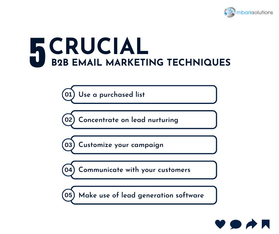 Elevate Your B2B Email Marketing Game. Here are 5 crucial techniques to help you achieve outstanding results.

#b2bemailmarketing #emailmarketingstrategy #leadgeneration #emailcampaigns #targetedemails #personalization #emailautomation #segmentation #Embarksolutions #ESfamily