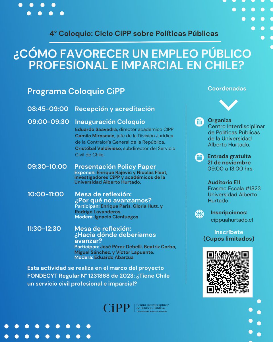 #ColoquioCiPP 📚 | Participa en el cuarto coloquio sobre políticas públicas que organiza el Centro Interdisciplinar de Políticas Públicas de la <a href="/uahurtado/">Universidad Alberto Hurtado</a>, titulado “¿Cómo favorecer un empleo público profesional e imparcial en Chile?

¡Inscríbete! 📲 lnkd.in/eUSEvm84