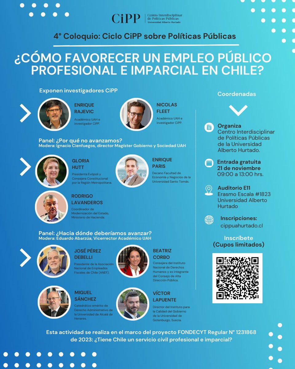 CIPP_UAH's tweet photo. #ColoquioCiPP 📚 | Participa en el cuarto coloquio sobre políticas públicas que organiza el Centro Interdisciplinar de Políticas Públicas de la @uahurtado, titulado “¿Cómo favorecer un empleo público profesional e imparcial en Chile?

¡Inscríbete! 📲 https://t.co/dWDlc4rszk https://t.co/zNxXNfQHR9