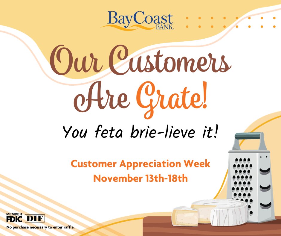 BayCoastBank's tweet photo. Join us for an entire week of raffles and free giveaways during Customer Appreciation Week, November 13th-18th, the fun is happening at all BayCoast branches and ITM locations! Visit a branch to learn about this special offer. https://t.co/M0nehP7d1J