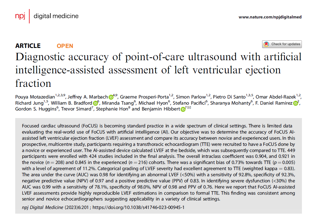 npjDigitalMed's tweet photo. In a multicentre study of 424 patients, AI-assisted bedside ultrasound accurately evaluated heart function (left ventricular ejection fraction). It proved effective for both experienced and novice users, making it valuable in diverse clinical settings.

https://t.co/ARfoQWV5u7 https://t.co/mv9rz5BAsa