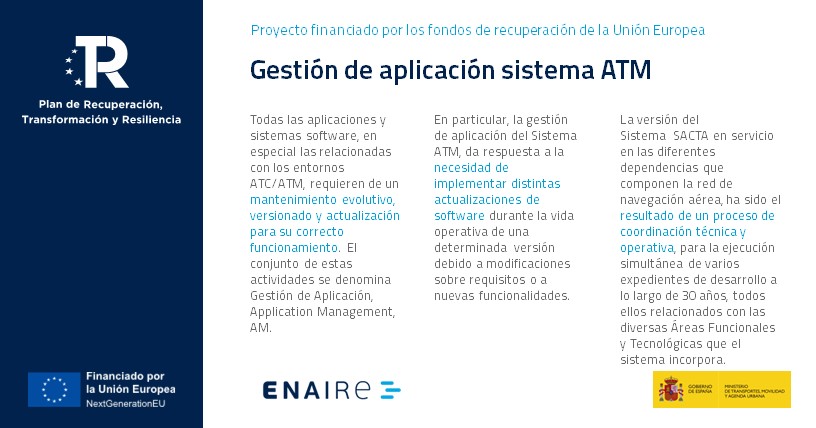 ENAIRE's tweet photo. ℹ️ El Proyecto "Gestión de aplicación sistema #ATM" ejecutado desde @ENAIRE forma parte del Plan de Recuperación, Transformación y Resiliencia.
✔️ El Sistema ATM en @ENAIRE está conformado por al menos #SACTA, #COMETA, #ICARO e #IMPACT.
#PlanDeRecuperación #PRTR @mitmagob https://t.co/e88eaKiD1J