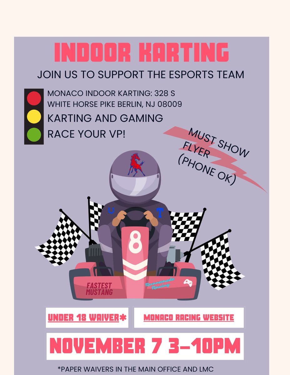 TRHS_eSports's tweet photo. Join us on Tuesday for a night of gaming and racing. Please show this flyer on your phone and the eSports team will receive 20% from the sales. https://t.co/7S8f8dxd3G