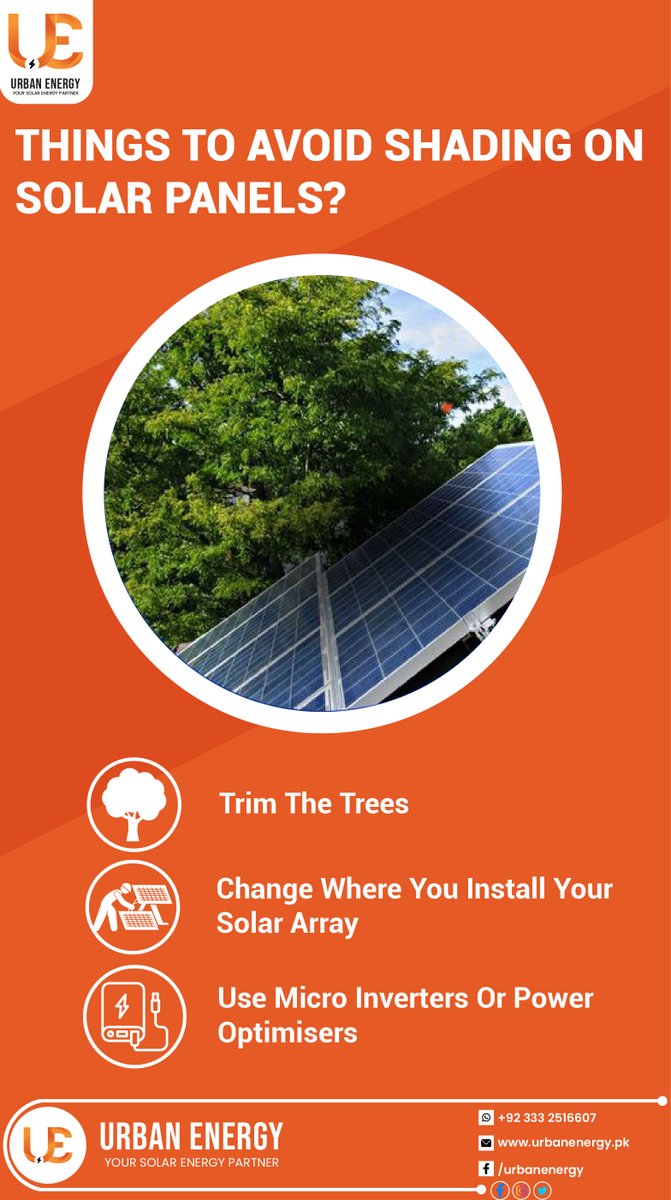 urbanenergypk1's tweet image. " Keep your solar panels efficient! Avoid shading with these tips: Trim trees, check for obstructions, clean regularly, and angle for sunlight."🌞
#SolarPanelTips #ShadingPrevention

WhatsApp:+92 333 2516607
Email: info@urbanenergy.pk