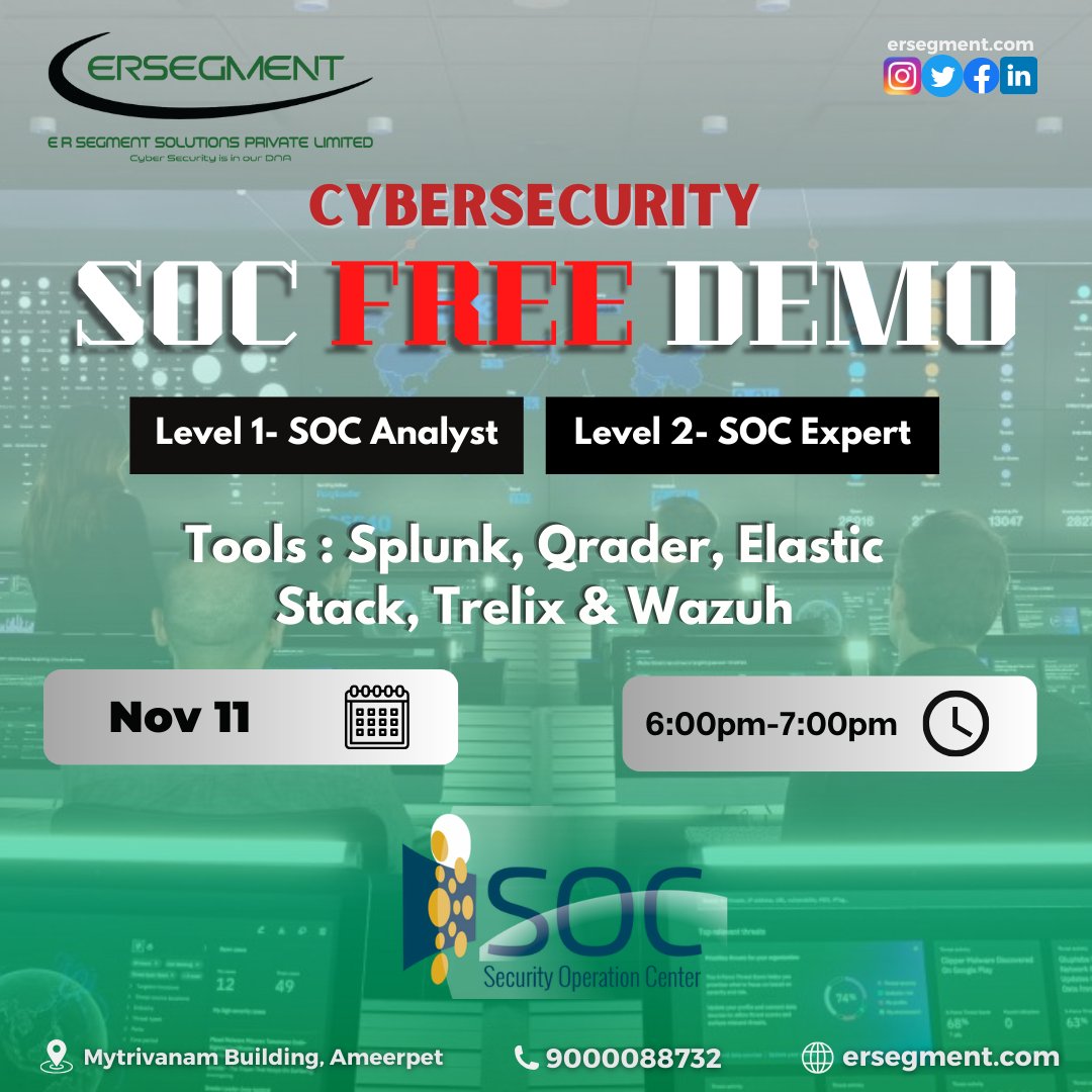 ersegment's tweet image. #SOC #SecurityDemo #Cybersecurity #DigitalDefense #ThreatDetection #IncidentResponse #CyberProtection #InfoSec #CyberTech #DigitalSecurity #CyberEvent #SecurityOperations #CyberAwareness #SecuritySolutions #SOCdemo #kartheekchanda #ersegmentsolutionspvtltd #ersegment