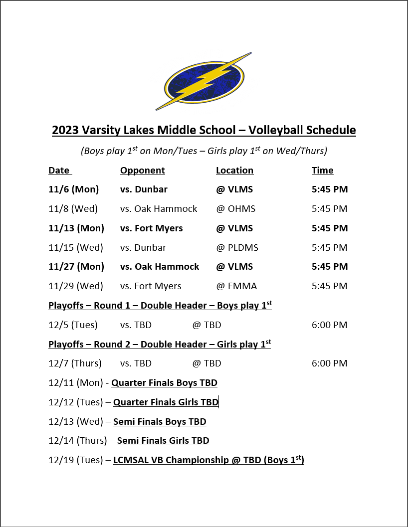 #VLMS is happy to invite you to join us tonight and all season long to cheer on our Boys and Girls volleyball teams. Home games will begin at 5:45 PM. Boys will play first on Mondays and Tuesdays, while Girls will play first on Wednesdays and Thursdays. #BoltUp #ThunderNation