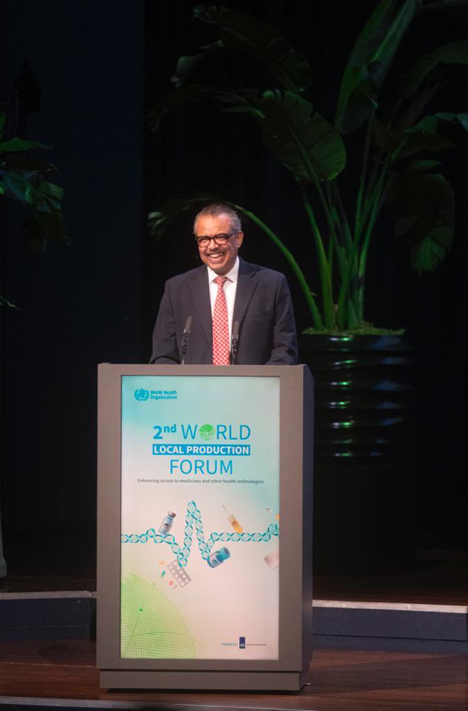 DrTedros's tweet photo. #COVID19 demonstrated the incredible power of vaccines, tests, treatments and other medical technologies to save lives.

But it also exposed the vast inequalities of our world, in terms of access to those products. And this was not the first time in human history.

At the World Local Production Forum, I called on government to foster an ecosystem for local production by:

1. providing an enabling environment and incentives for local production, and ensuring compliance with quality standards

2. providing investment and funding

3. facilitating the exchange of knowledge and technology between the public and private sectors

4. building the capacity of the workforce

5. ensuring market access for local manufacturers, by improving supply chain management and expanding market reach

If we can do all this, the sustainability of local production and #AccessToMedicines will be guaranteed.