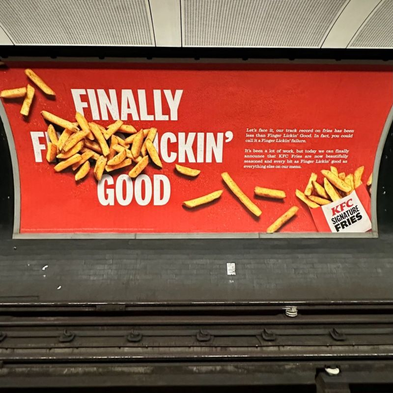 theclearhead's tweet photo. People losing their minds over on LinkedIn about this ad. I think it's quite witty and as @VikkiRossWrites pointed out to me on another KFC ad, they only get away with this because decades of messaging discipline means there's a neat double entendre going on. Anyone else, and there could only be one word under those fries.