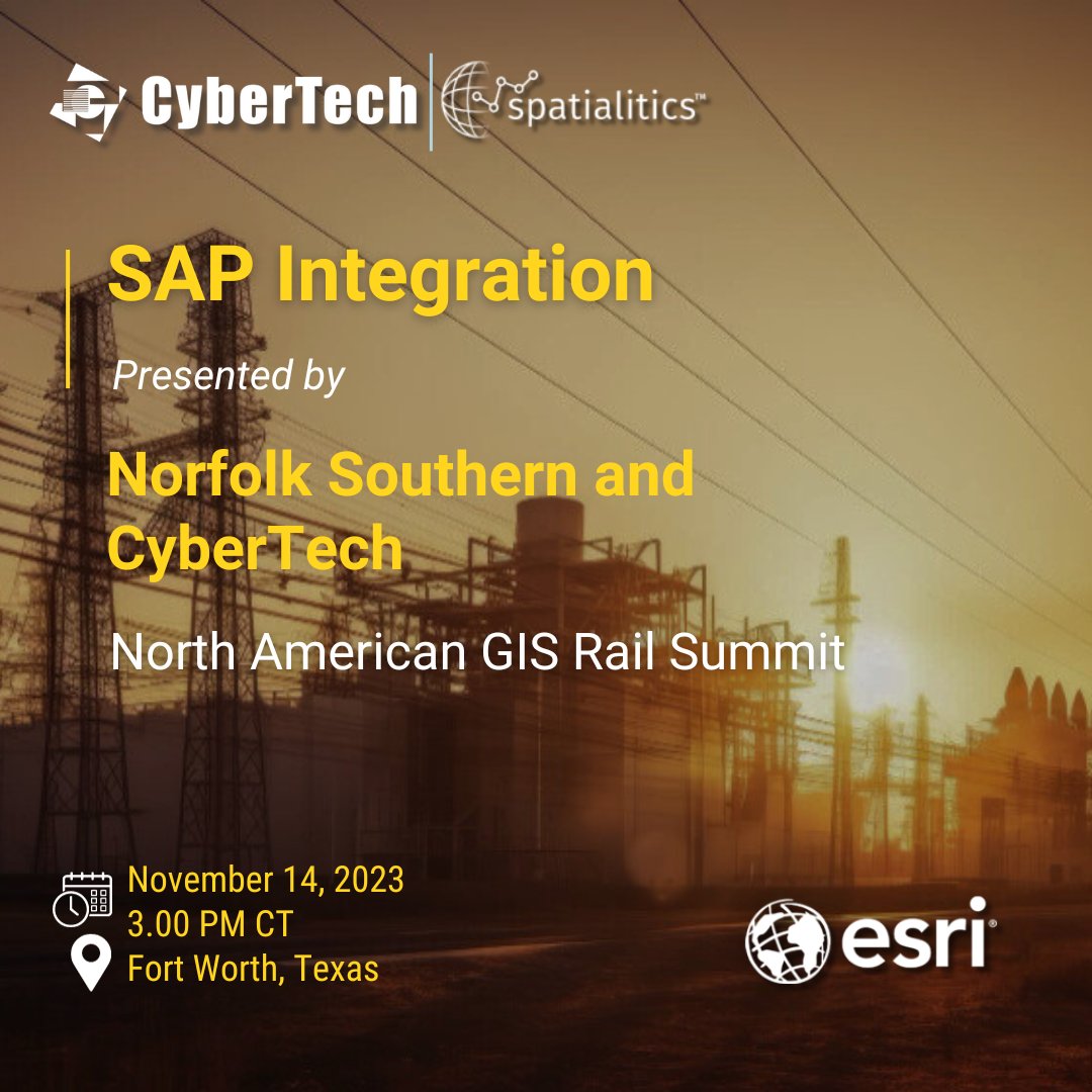 SpatialiticsLLC's tweet photo. 8Join us as Norfolk Southern and CyberTech come together to discuss how the integration of GIS and SAP is revolutionizing rail operations, enhancing efficiency, and streamlining processes. 
Follow us for more updates: https://t.co/HIOlvUbozK

#CyberTech #GIS #SAP #Rail #Esri https://t.co/rt14mY27wV