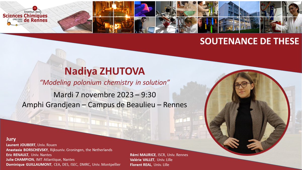ISCR (@chimie_iscr) on Twitter photo 👩🎓Nadiya Zhutova #ISCR présentera ses travaux de thèse ce 📅mardi 7 novembre 2023 à ⏱️9:30 - Bât. 10 B, Campus de Beaulieu, Rennes
👉iscr.univ-rennes.fr/nadiya-zhutova…
<a href="/CNRSchimie/">CNRS Chimie</a> <a href="/CNRS_dr17/">CNRS Bretagne et Pays de la Loire</a> <a href="/RennesUniv/">Université de Rennes</a> <a href="/ENSCR/">ENSCR</a> <a href="/INSA_Rennes/">INSA Rennes</a> <a href="/theochem_ISCR/">CTI team</a> 👩🎓Nadiya Zhutova #ISCR présentera ses travaux de thèse ce 📅mardi 7 novembre 2023 à ⏱️9:30 - Bât. 10 B, Campus de Beaulieu, Rennes
👉iscr.univ-rennes.fr/nadiya-zhutova…
<a href="/CNRSchimie/">CNRS Chimie</a> <a href="/CNRS_dr17/">CNRS Bretagne et Pays de la Loire</a> <a href="/RennesUniv/">Université de Rennes</a> <a href="/ENSCR/">ENSCR</a> <a href="/INSA_Rennes/">INSA Rennes</a> <a href="/theochem_ISCR/">CTI team</a>