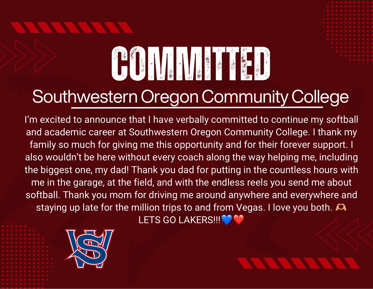 mckinleewright's tweet photo. Committed! I am so excited and thankful to have found a great home!  @swoccsoftball1 @swocclakers @Rebels_Rasnick @Sports_Recruits @CoastRecruits https://t.co/tOsEzLrlnu