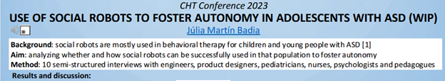 Els dies 8/9 de novembre presentaré el pòster "Use of #socialrobots to foster #autonomy in adolescents with #ASD" al CHT Conference 2023 del @NIHRCypMedTech (online). Podeu consultar-lo sencer aquí: tinyurl.com/2vnbzs4y <a href="/UABBarcelona/">Universitat Autònoma de Barcelona</a> #philosophy #ethics #bioethics