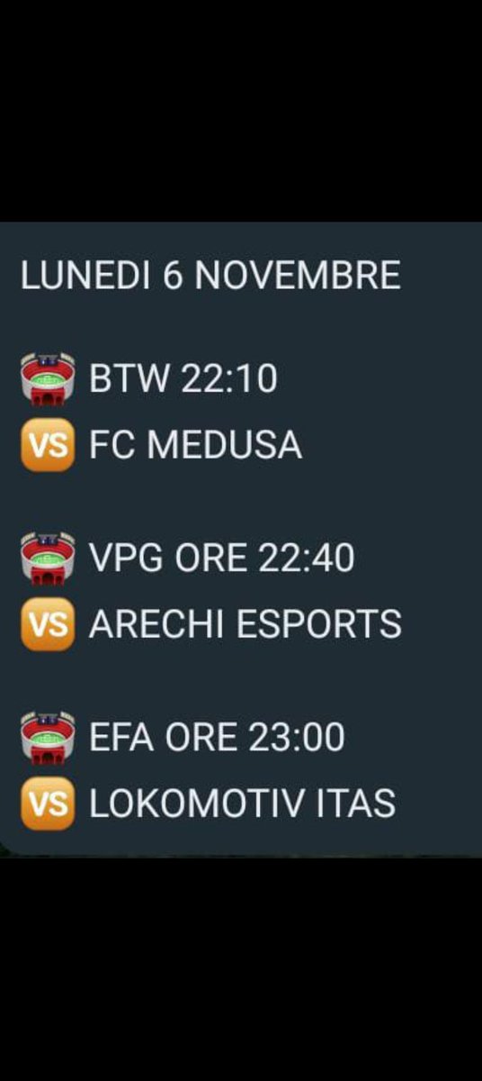 Oggi ci aspettano 3 partite importantissime, importante non venire meno a nessuna di queste.

L'ultima partita di competizione l'abbiamo vinta, siamo continuità ora forza💪💪.
<a href="/demartino7/">Mariovilla7</a> <a href="/GIGILABESTIA2/">👹GIGI_IL_BOMBER 👹</a> 
<a href="/GIGILABESTIA2/">👹GIGI_IL_BOMBER 👹</a>