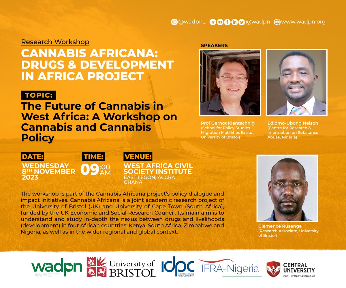 We are kick-starting the cannabis workshop on Wednesday, 8 November 2023, themed 'The Future of Cannabis in West Africa: A Workshop on Cannabis and Cannabis Policy.'

#Africa #WestAfrica #WADPN #Cannabis