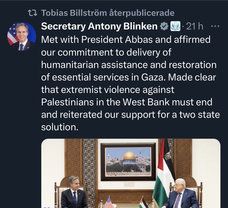 Billström har tydligen ingen egen uppfattning om det som pågår i Gaza och på Västbanken. Istället repostar han Blinken. Så han ser väl Sverige som en amerikansk delstat?  Eller lydstat? Bådar gott om Trump vinner. 😵‍💫