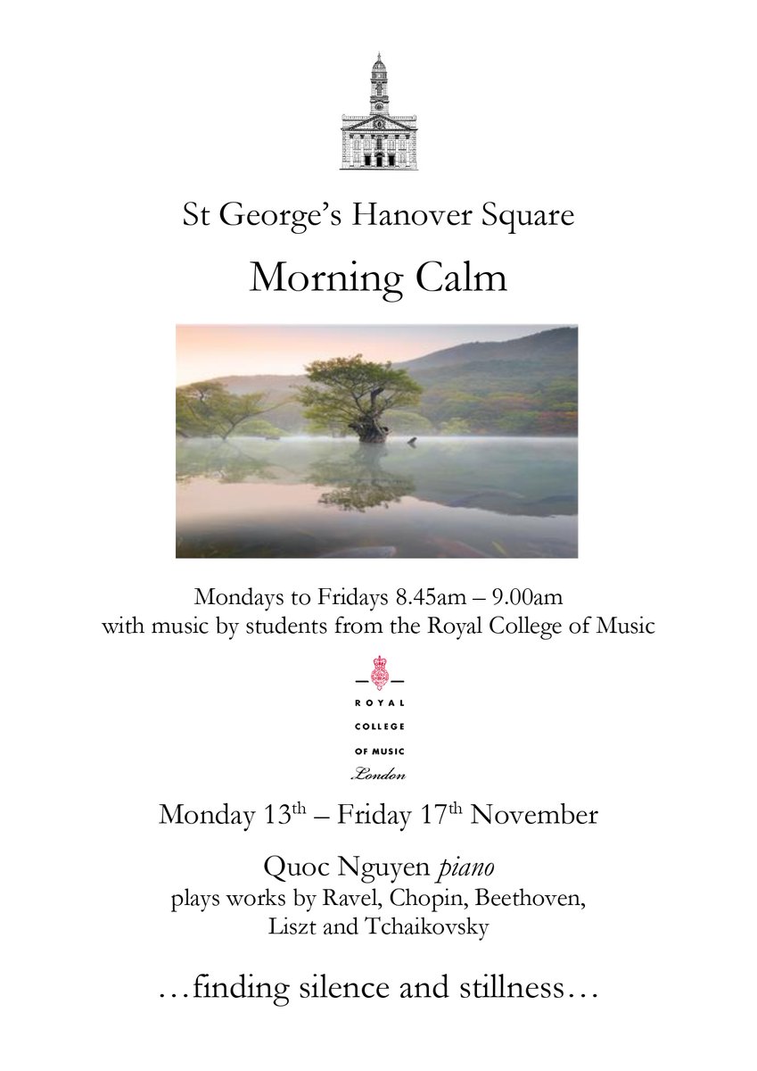 Morning Calm next week will feature performances by pianist Quoc Nguyen from the Royal College of Music.
All are welcome to join us Monday-Friday at 8.45am for these concert series for which there is no charge.