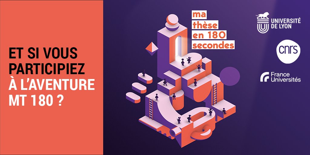 🏁C'est parti pour l'édition 2024 du concours Ma thèse en 180 s ! Doctorantes, doctorants et jeunes docteurs du site Lyon Saint-Étienne, vous souhaitez participer à l'aventure @MT180FR ? ⏱Inscrivez-vous jusqu'au 11/02/24 ⬇️⬇️ universite-lyon.fr/-325844.kjsp #MT180 @CNRS_dr07 @FranceUniv