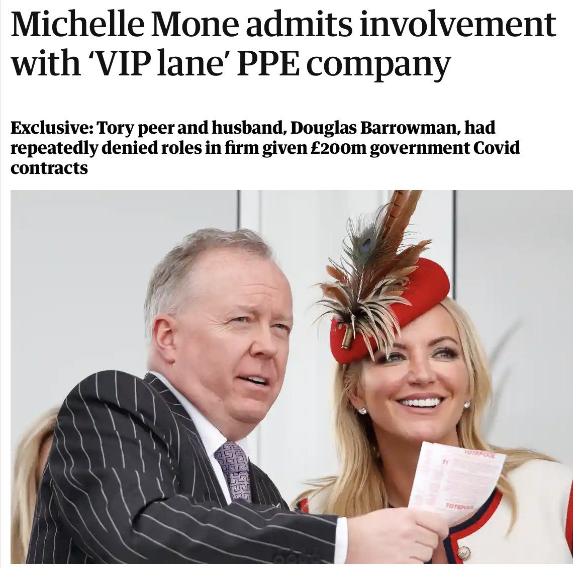 The absolute state of this.

For 3 years Michelle Mone &amp; her husband repeatedly denied to the Guardian being involved in PPE Medpro - the company awarded an obscene £200 million of government VIP lane contracts.

Finally they've admitted it. 

Charlatans.
theguardian.com/uk-news/2023/n…
