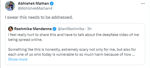 TheKhabriTak's tweet photo. Mr. #AbhishekMalhan comes in support of @iamRashmika 🔥🔥

People really needs to come out of this cheap engagement tactics &amp; do think as a human too

Proud of #FukraInsaan as we also stand with #RashmikaMandanna🫶💯

 #deepfake #AbhiYa #AbhiSha https://t.co/4pxAm6PQVe