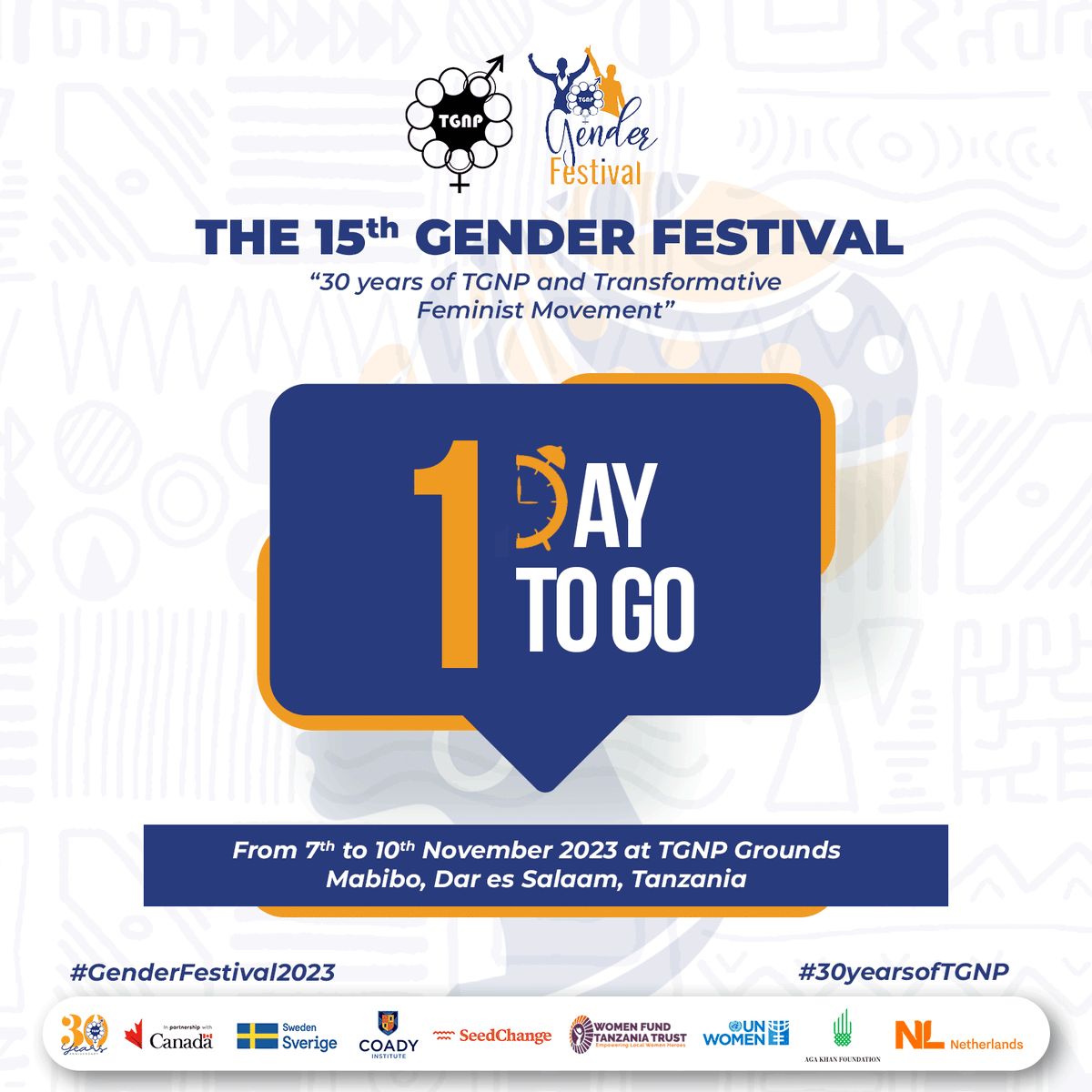 tgnptz's tweet photo. Stay tuned! It's tomorrow! The Opening Ceremony of the Four Days' Gender Festival. Follows us on our Social media for the event updates. It will be live streamed at Facebook, youtube (tapotv), and Instagram.
#TamashalaJinsia2023 #Miaka30yaTGNP #30YearsofTGNP #GenderFestival2023 https://t.co/R6cwLPAvdD