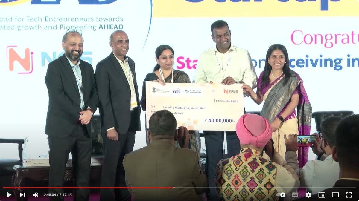 STPIVijayawada's tweet photo. Congratulations to M/s. Learning Matters Pvt Ltd a #NGISChunauti2.0 #startup from #STPIINDIA #NGIS Location #Vijayawada received Rs.40 Lakh cheque as seed fund under #NGISVijayawada #NGIS during #LeapAheadStartupSummit #STPIIncubation #StartupIndia #STPIOutreach #STPIBeyondMetros https://t.co/V2s1Z7Np9i