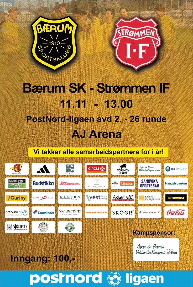 Baerum_SK's tweet photo. Årets siste og viktigste: @StrommenIF 
🗓️: 11.11
🕰️: 13.00
Kampsponsor: ABVK
Vi trenger deg, naboen og svigermor på AJ Arena til en siste dans i årets @PostNord_ligaen 💛🖤 https://t.co/srZ6trvvZk