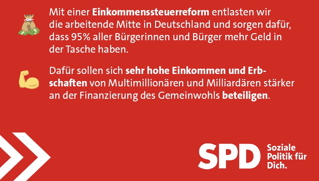 Die @spdde will 95% der Gesellschaft entlasten. 5% sollen mehr zahlen. Das ist ein richtiger Schritt für den gesellschaftlichen Zusammenhalt!
#RespektfürDich #SozialePolitikfürDich